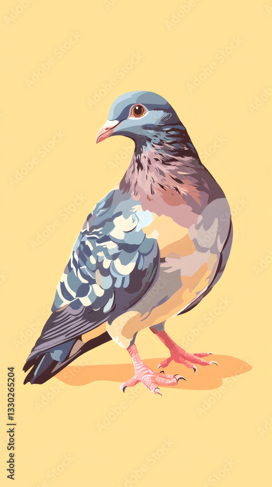 Obraz premium Colorful pigeon perching on bright yellow surface, displaying vivid plumage and intricate feather details