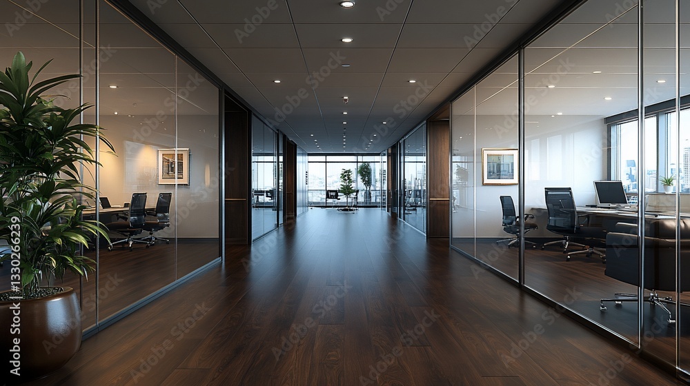 Modern office hallway with glass partitions Modern office hallway with glass partitions
