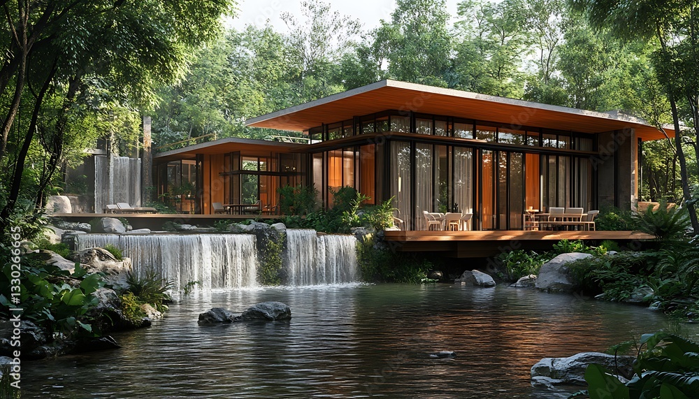 Fototapeta premium Modern house by tranquil waterfall.