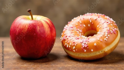 Red apple and pink donut with sprinkles on white background. Contrast of healthy and unhealthy food, choice between fruit and sweet. Concept of diet, healthy lifestyle, cooking and eating habits.
