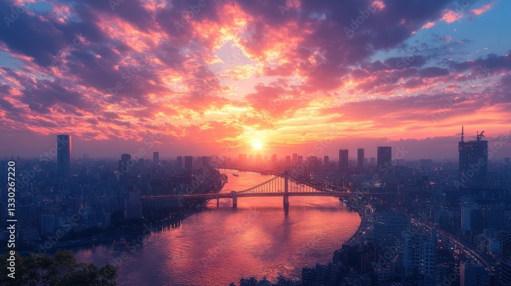 Fototapeta premium Layered cityscape with a majestic bridge stretching over a river at sunset