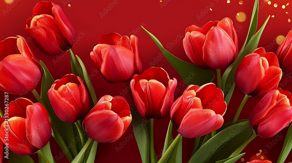 Fototapeta premium Vibrant Red Tulips on a Festive Red Background AI Generated
