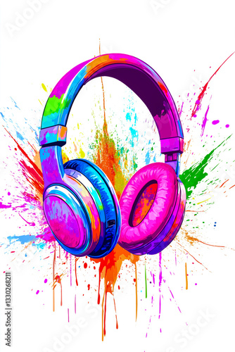 Vibrant headphones with colorful paint splashes creating a dynamic art piece 