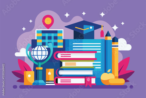 This colorful flat design depicts educational symbols like books, a globe, and graduate gear emphasizing achievement, Thesis Customizable Flat Illustration