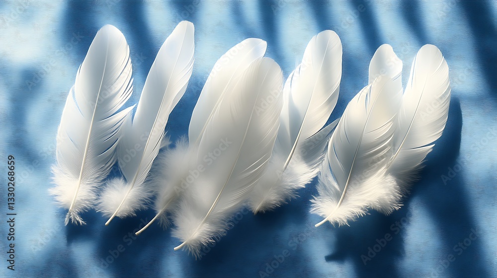 Naklejka premium Soft white feathers arranged on a blue background