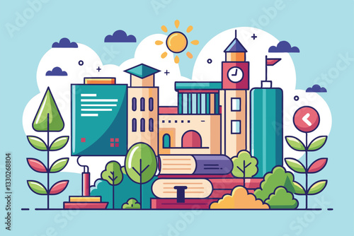 A vibrant depiction of a university campus featuring buildings, trees, and stacked books surrounded by clouds, Thesis Customizable Semi Flat Illustration