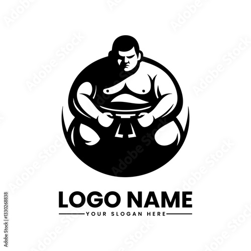 Minimalist sumo wrestler vector logo, traditional Japanese fighter emblem with clean lines and bold design