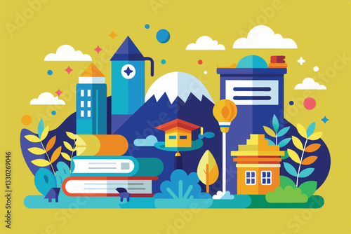 A vibrant flat illustration showcasing buildings, books, trees, and mountains in a whimsical, colorful style, Thesis Customizable Semi Flat Illustration