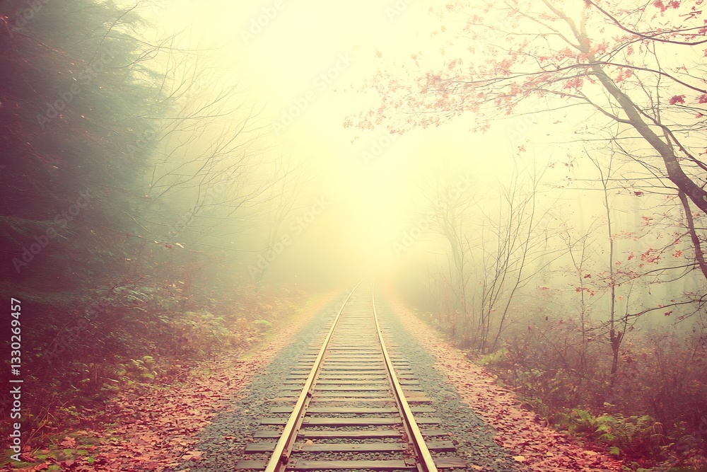Fototapeta premium Misty Railroad Through Autumn Woods
