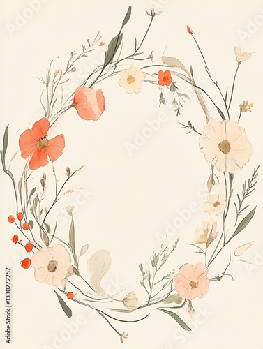 Chinese style sketch of colorful wildflower wreath, traditional folk art style, highly detailed, hand-drawn animation, ripples of color, vintage Chinese film style, traditional Chinese animation styl