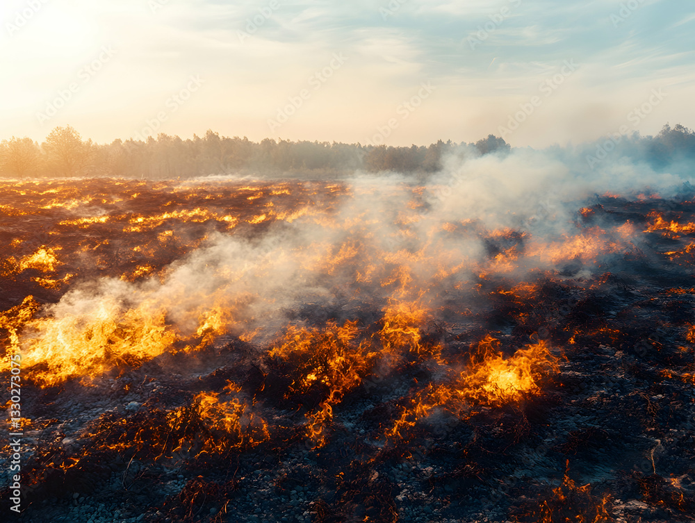 Fototapeta premium Wildfire in a field at sunset