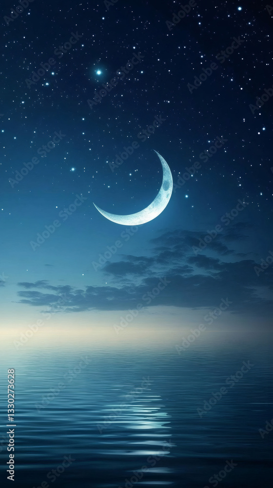 Beautiful night scenery with crescent moon reflecting on calm ocean water under starry sky Beautiful night scenery with crescent moon reflecting on calm ocean water under starry sky