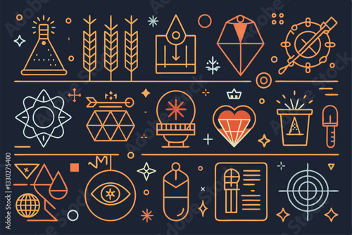A collection of thin line symbols illustrating geometric shapes, scientific tools, and decorative elements, Thin line symbols, editable stroke,