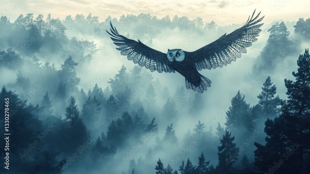 Mystical paper cut illustration of a magical owl flying through a foggy forest Mystical paper cut illustration of a magical owl flying through a foggy forest