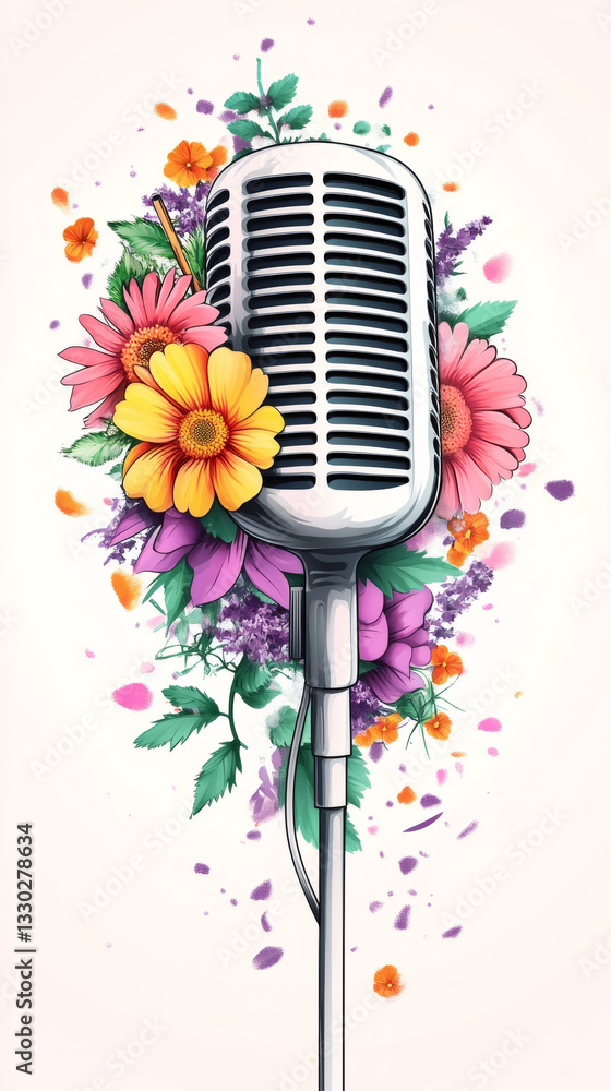 Fototapeta premium Silver vintage microphone surrounded by colorful flowers, petals and leaves, evoking music, nature and spring