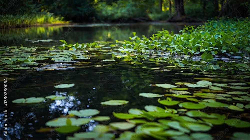 Pond Covered with Lily Pads and Greenery in a Forest Setting Pond Covered with Lily Pads and Greenery in a Forest Setting