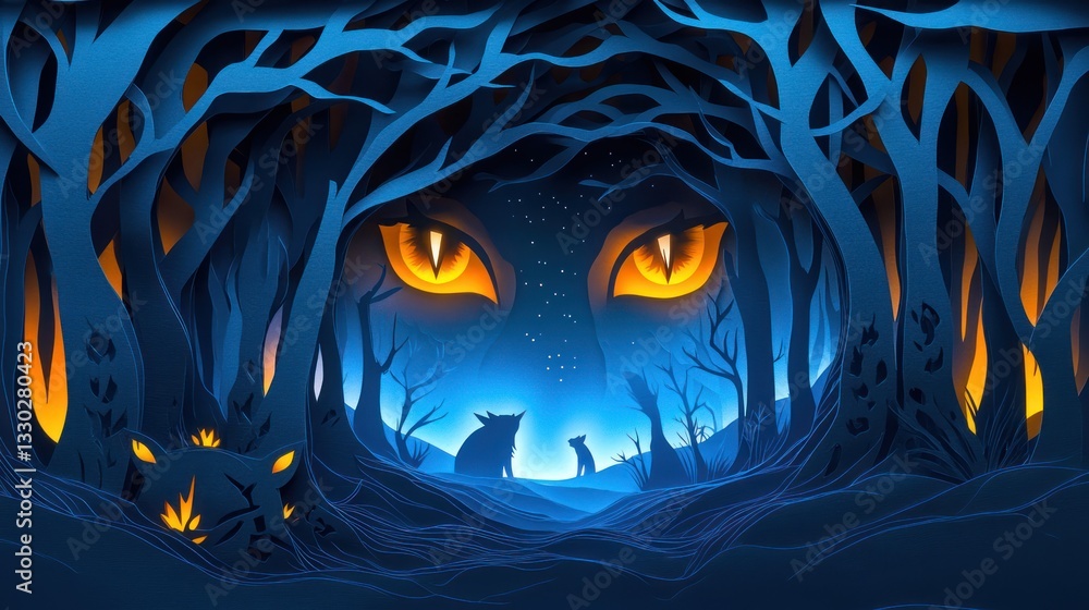 Paper cut forest at night with glowing eyes of animals peeking from the shadows Paper cut forest at night with glowing eyes of animals peeking from the shadows