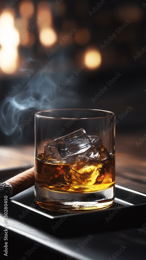 Whiskey, Cigar, and Smoke on Dark Wooden Counter. Clean blurred background. Copy space on the right. Generative AI Whiskey, Cigar, and Smoke on Dark Wooden Counter. Clean blurred background. Copy space on the right. Generative AI