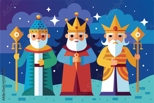 Three wise men stand together, each holding gifts, dressed in unique robes under a night sky, Three wise men Customizable Flat Illustration