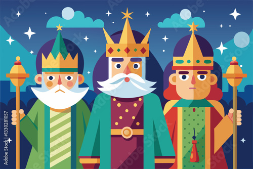 Three wise men are depicted in bright attire, holding staffs against a starry night background, Three wise men Customizable Flat Illustration
