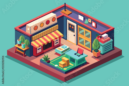 A vibrant isometric thrift shop showcases customizable furniture and decor in a welcoming atmosphere, Thrift shop Customizable Isometric Illustration