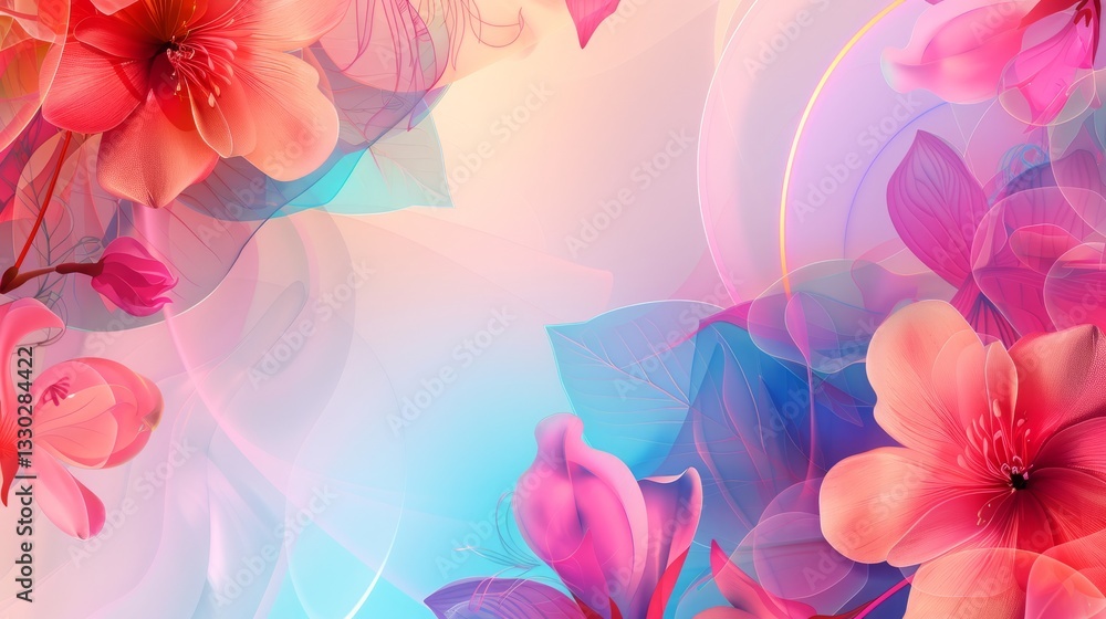 abstract background with translucent colored overlapping neon circle shapes and flowers on light background abstract background with translucent colored overlapping neon circle shapes and flowers on light background