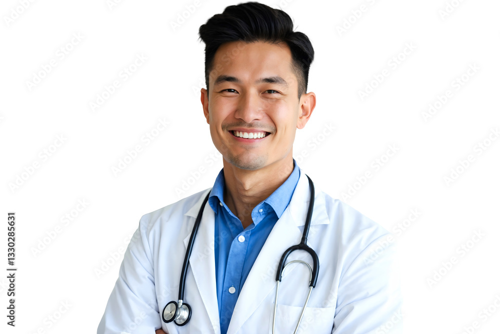 Smiling Doctor Wearing White Coat with Stethoscope, isolated on transparent background Smiling Doctor Wearing White Coat with Stethoscope, isolated on transparent background