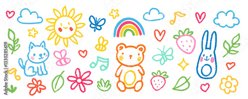 Crayon Pencil Colorful Kindergarten Squiggles Vector Set. Chalk Scribble Spring Shapes Collection. Hand Drawn Brush Texture Flowers, Animals, Hearts Squiggles. Pencil Childish Girly Charcoal Doodles