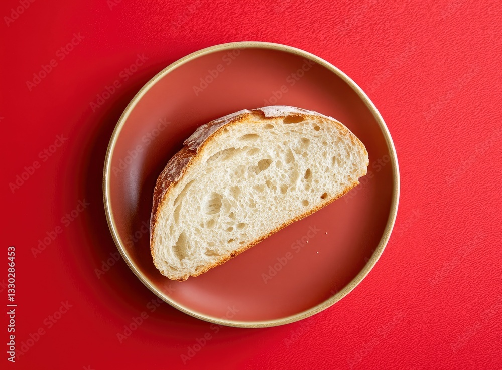Serving Slice of Sourdough Bread on Red Plate Top-down View Serving Slice of Sourdough Bread on Red Plate Top-down View