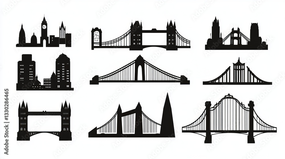 Obraz premium Black Silhouette Collection of Urban Bridge Icons