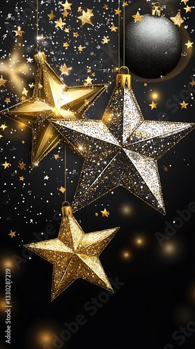 Glittery gold and silver stars & bauble ornaments on black background.
