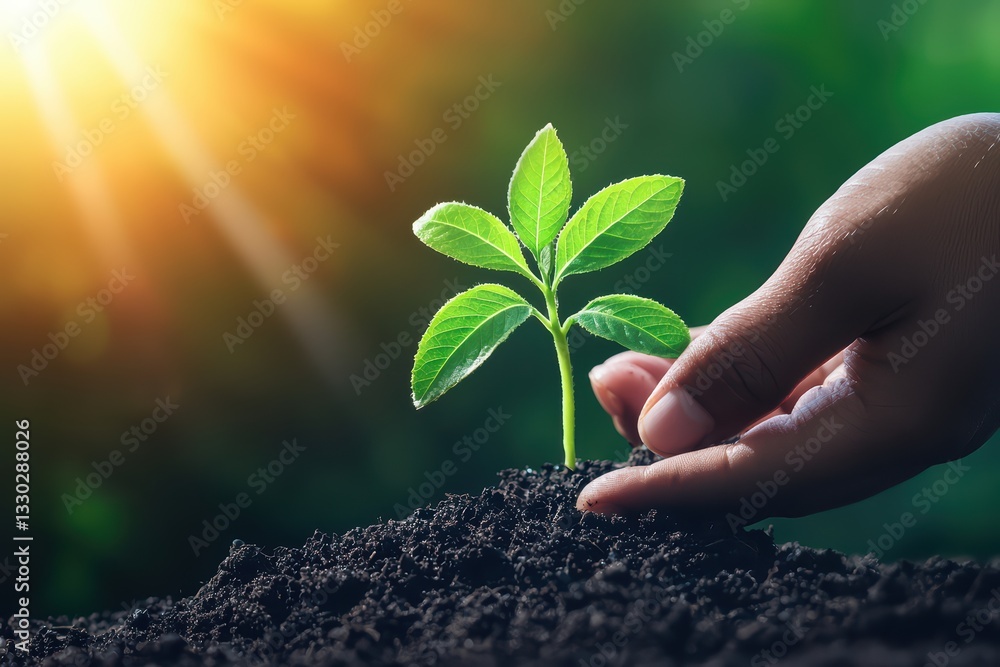 Fototapeta premium Hands Nurturing a Young Plant Symbolizing Growth and Multicultural Collaboration