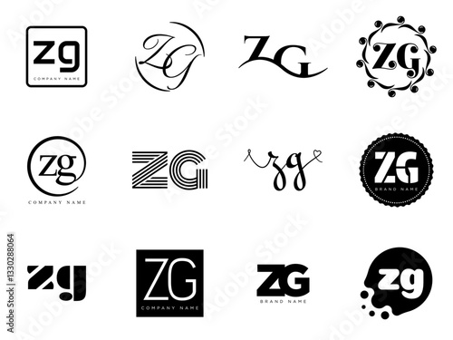ZG logo company template. Letter z and g logotype. Set different classic serif lettering and modern bold text with design elements. Initial font typography.