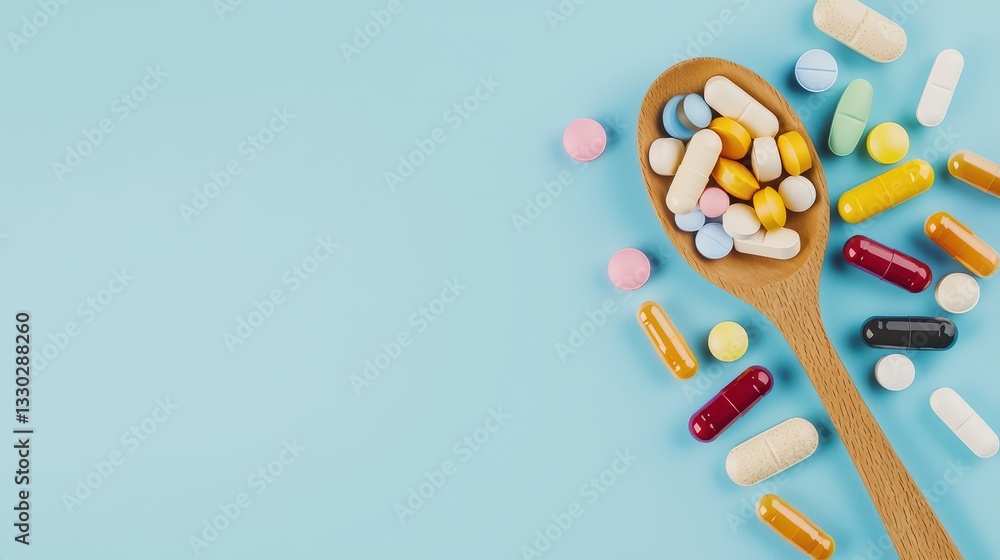 Wooden Spoon Filled with Colorful Pills and Capsules on a Soft Blue Background Wooden Spoon Filled with Colorful Pills and Capsules on a Soft Blue Background