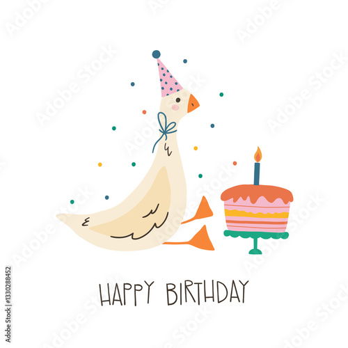 Hand drawn happy birthday card with funny goose with birthday cap and lettering Happy Birthday. Funny birthday card design Isolated on white background. Good for posters, t shirts, postcards.