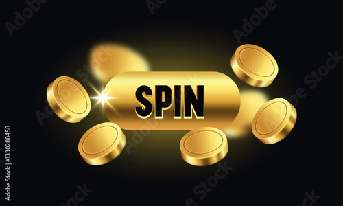 Golden Spin button and golden coins. Vector 3d illustration.