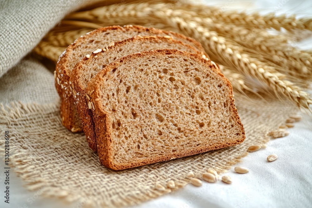Slices of Whole Wheat Bread with Wheat Stalks and Burlap Fabric Slices of Whole Wheat Bread with Wheat Stalks and Burlap Fabric