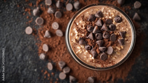 A decadent top-view shot of double chocolate overnight oats in a jar, topped with chocolate chips and cocoa powder