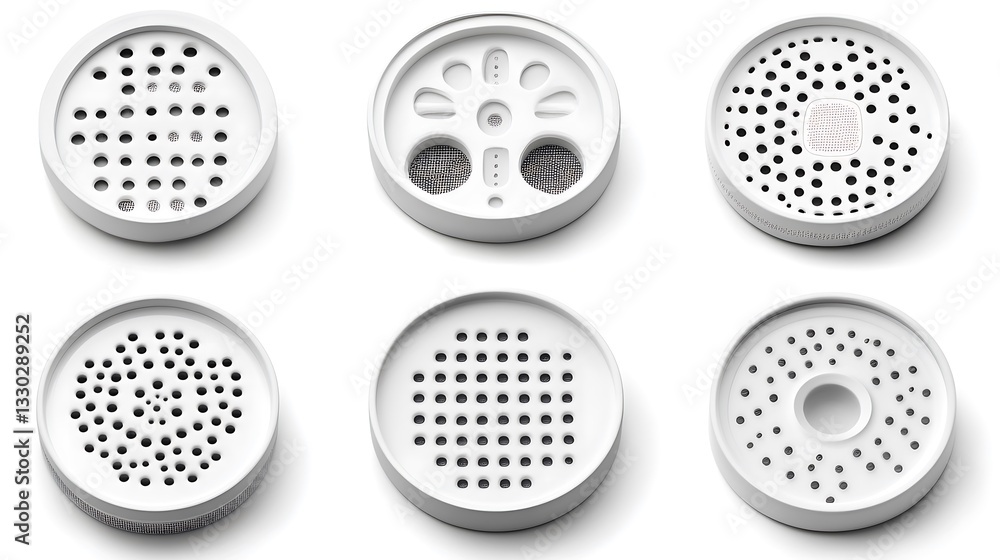 Fototapeta premium Six different white circular objects with various hole patterns are shown