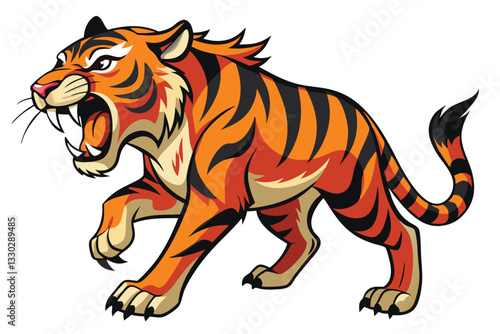 The tiger displays its powerful roar, showcasing its vibrant fur and intense expression against white, Tiger roaring on white background