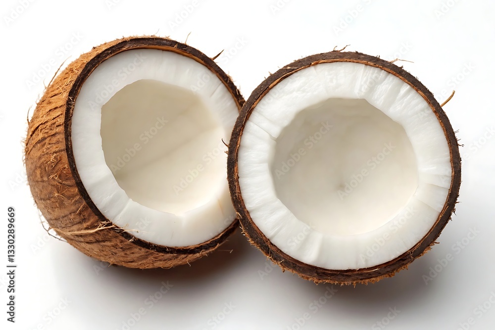 Fresh opened coconut halves with brown shell and white pulp, tropical fruit isolated on white background, used in desserts, cooking, drinks.