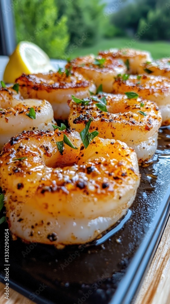 Sizzling garlic butter prawns garnished with parsley and lemon on black plate Sizzling garlic butter prawns garnished with parsley and lemon on black plate