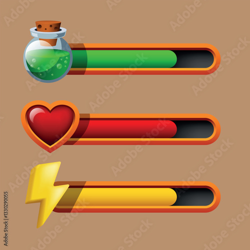 Health, Mana, Energy. Mana bar, energy bar, life bar. Scale for video game. Video game interface elements.