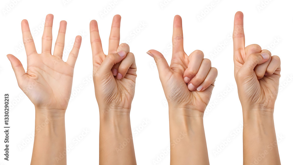 Human hands showing numbers from one to five through hand gestures, isolated on white background, sign language, counting concept Human hands showing numbers from one to five through hand gestures, isolated on white background, sign language, counting concept