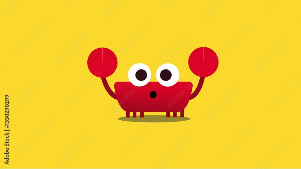 A cheerful red crab with big eyes and a friendly smile waves its claws on a bright yellow background, symbolizing coastal life and marine creatures. A cheerful red crab with big eyes and a friendly smile waves its claws on a bright yellow background, symbolizing coastal life and marine creatures.