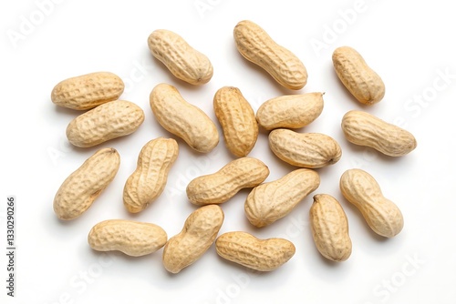 Isolated raw peanuts in shell scattered on white background, healthy snack food concept, protein-rich legume seed for diet.