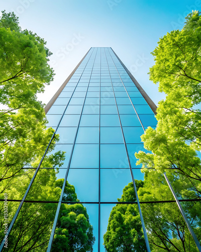 Modern glass skyscraper with green trees reflection symbolizing sustainability, eco-friendly architecture, and urban environmental balance. photo