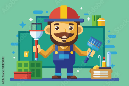 A friendly cartoon tiler showcases his tools while standing in a vibrant workshop filled with supplies, Tiler Customizable Cartoon Illustration