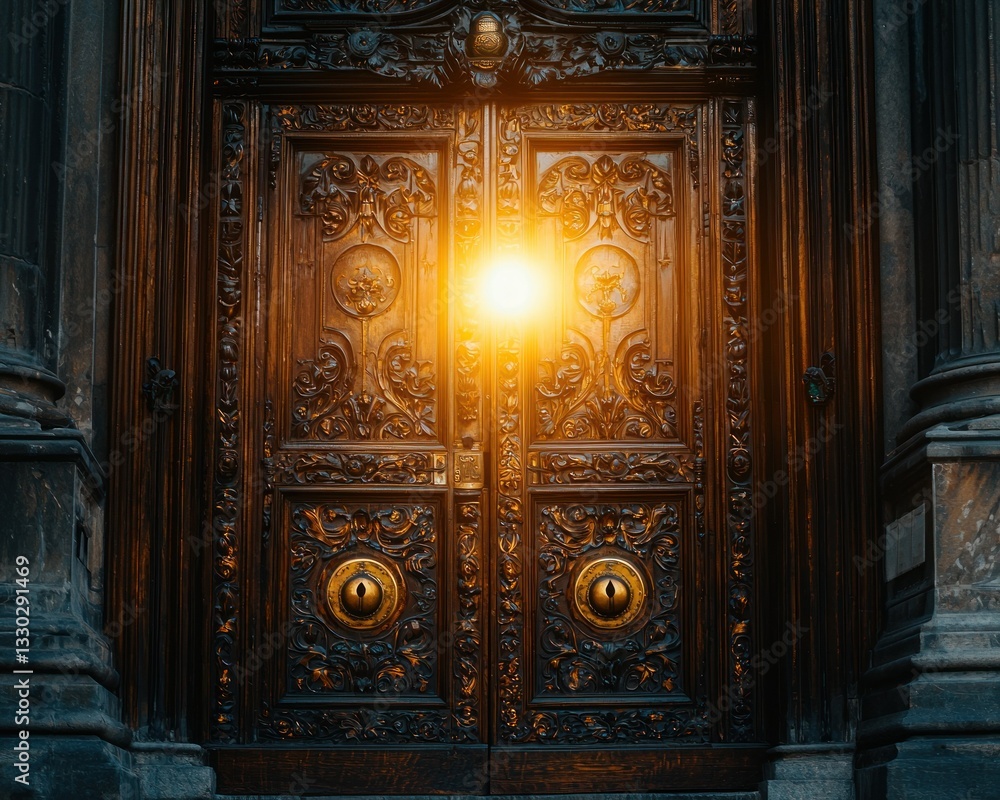 Ornate wooden doors, illuminated pathway, historical building, mystery Ornate wooden doors, illuminated pathway, historical building, mystery