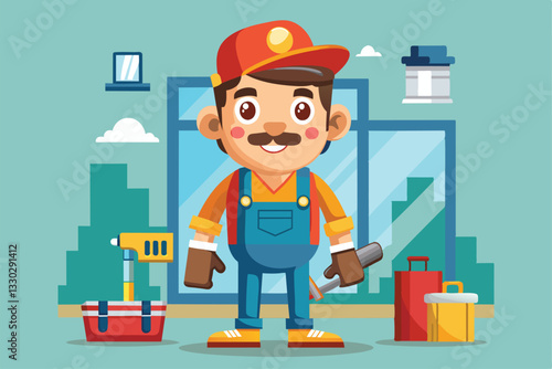A cheerful tiler stands ready with tools, showcasing his skills in a vibrant indoor setting, Tiler Customizable Cartoon Illustration